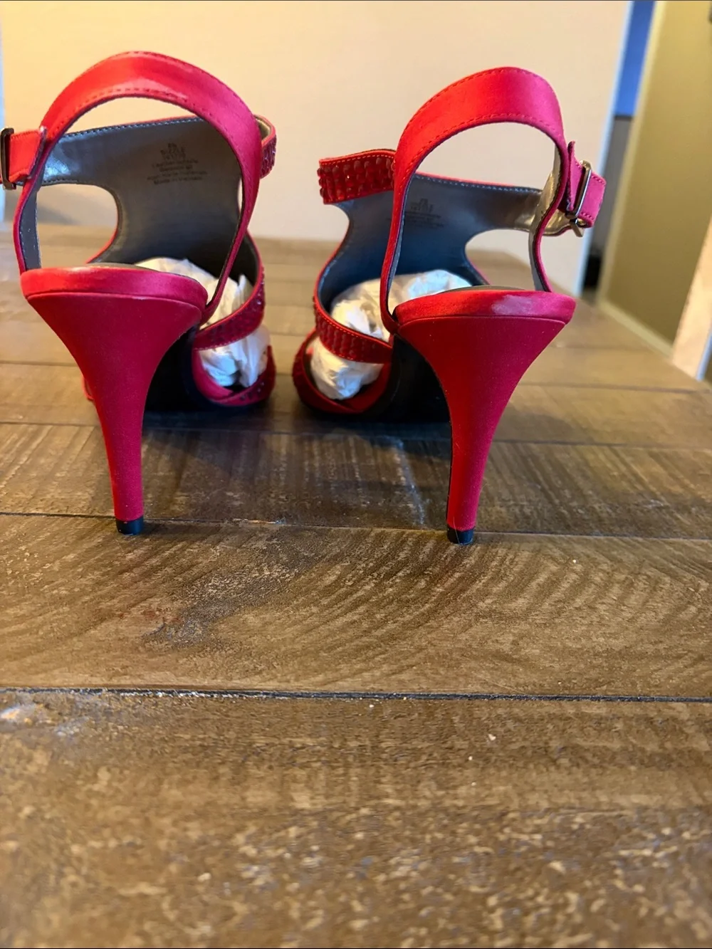 Red Crystal Cutout Open-Toe Heels with Ankle Strap